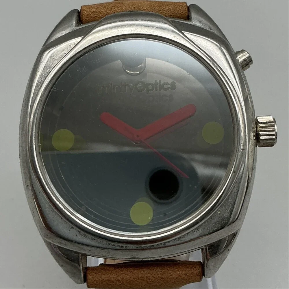 Can You Imagine Infinity Optics Mens Watch 44mm Silver Tone Leather New Battery